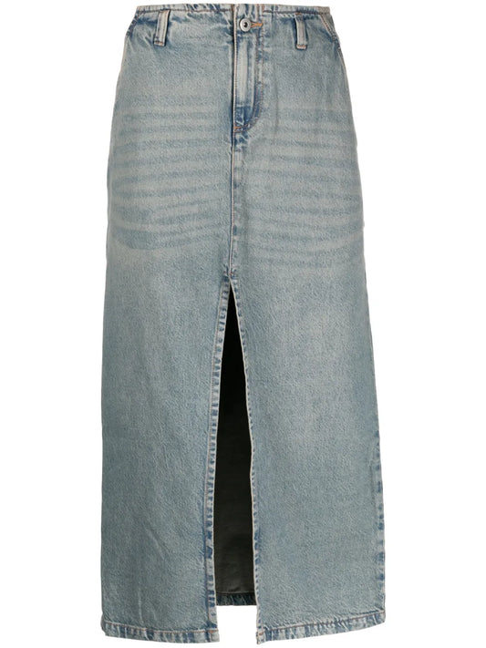 Front-Slit Cotton Denim Midi Skirt