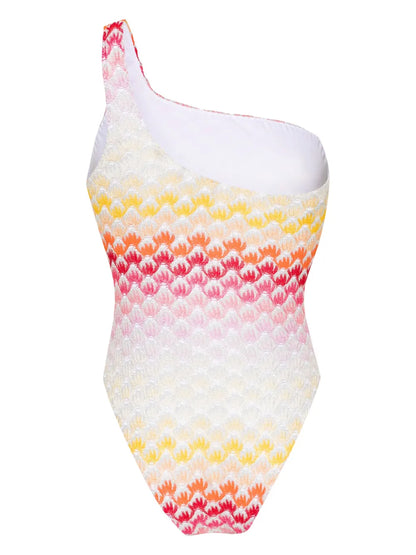 Knitted-Overlay One-Shoulder Swimsuit