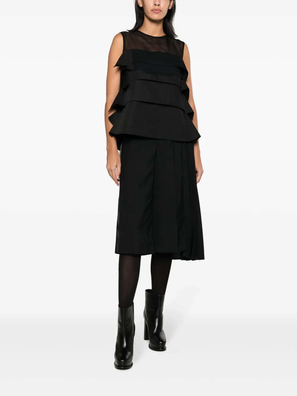 Ruffled Sheer-Yoke Sleeveless Top