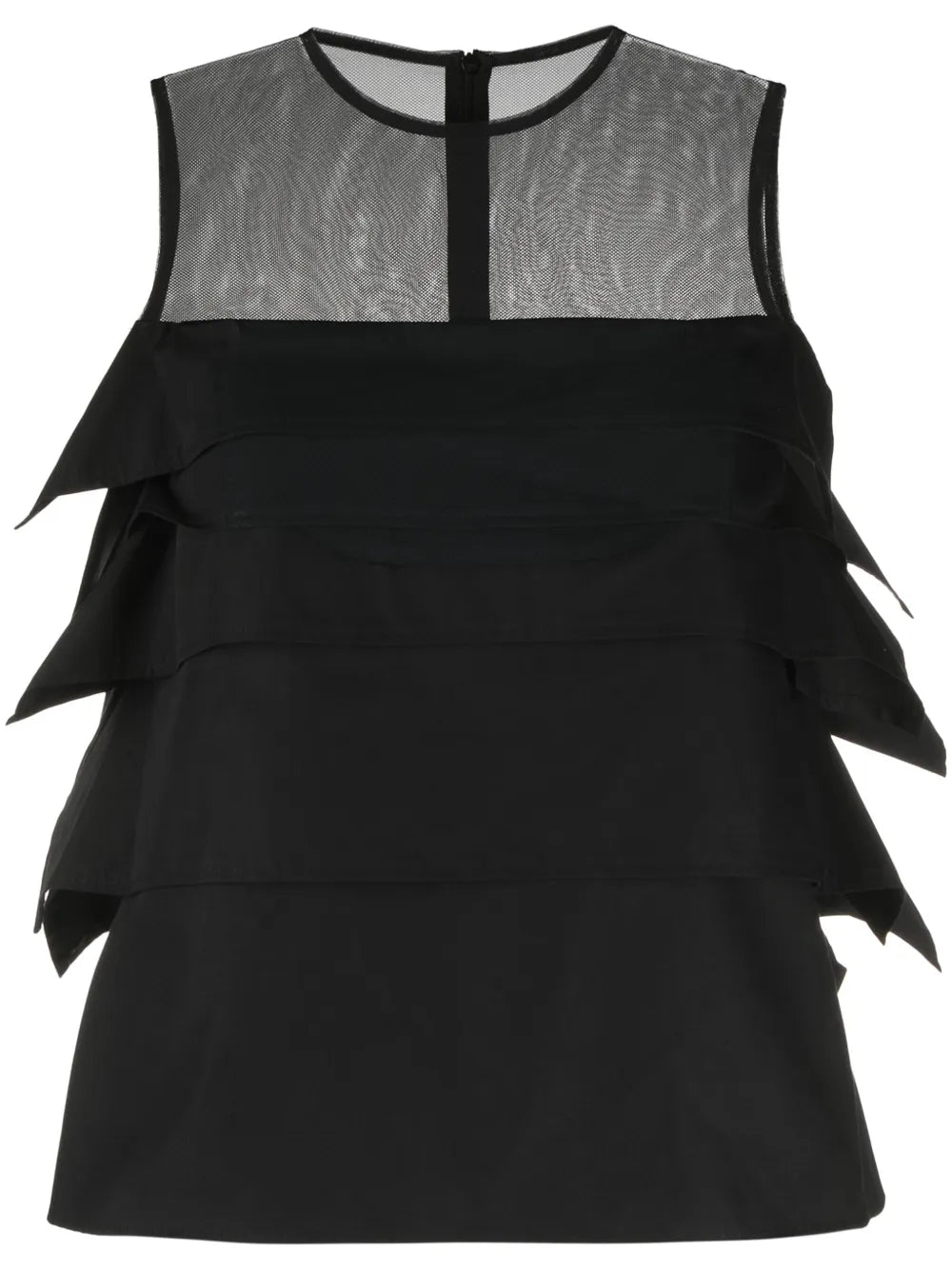 Ruffled Sheer-Yoke Sleeveless Top
