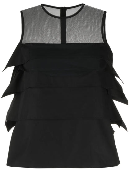 Ruffled Sheer-Yoke Sleeveless Top