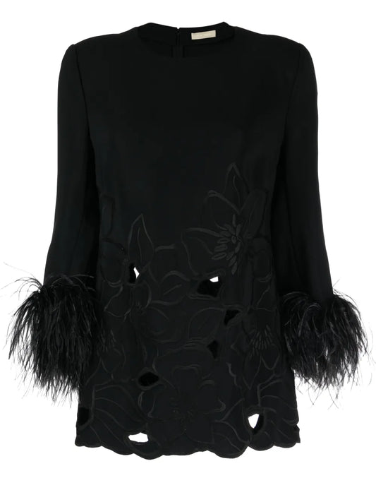 Floral-Appliqué Feather-Trim Minidress