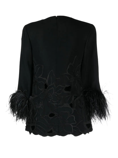 Floral-Appliqué Feather-Trim Minidress