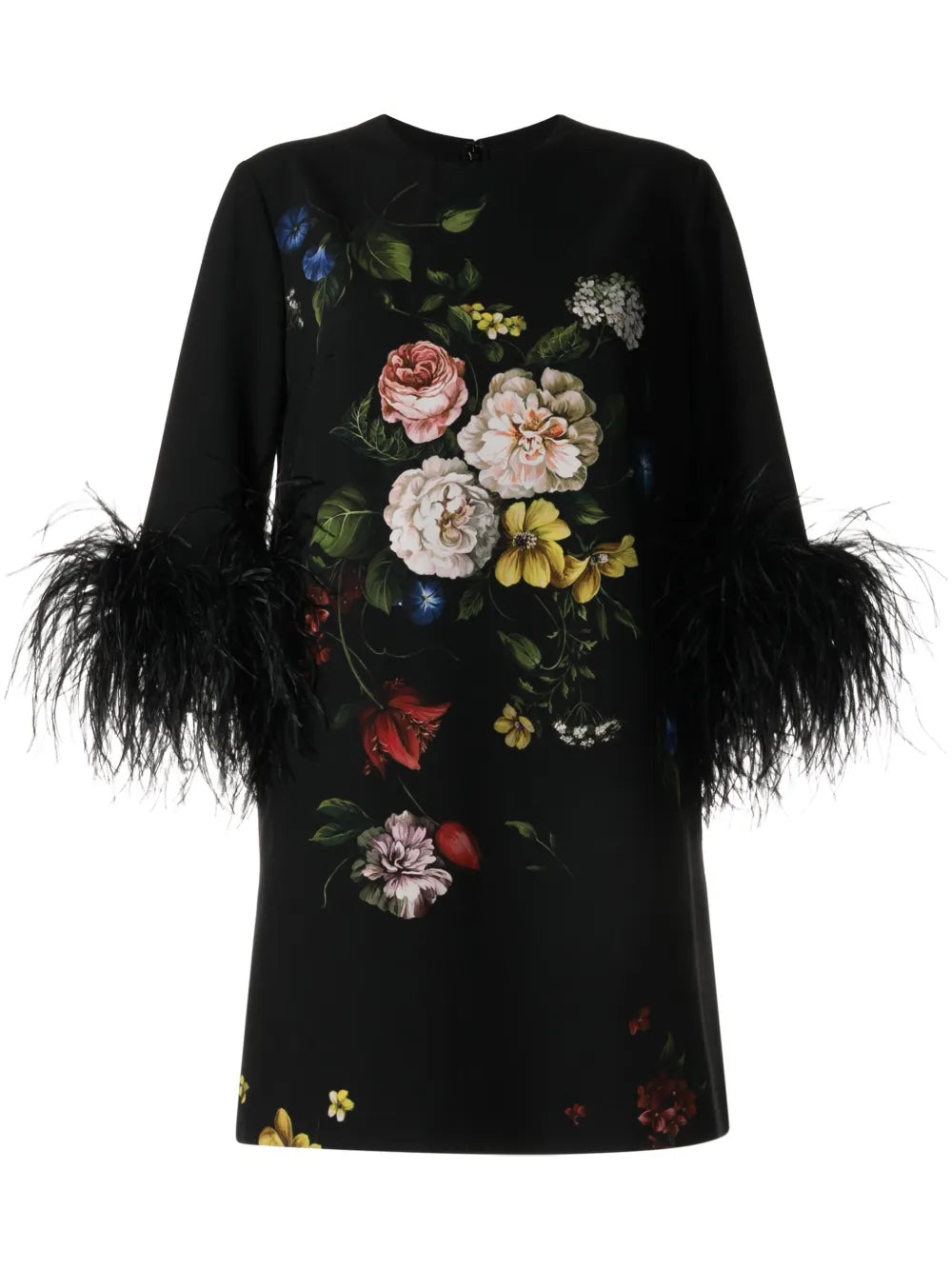 Feather-Trim Floral Minidress