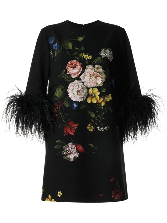 Feather-Trim Floral Minidress