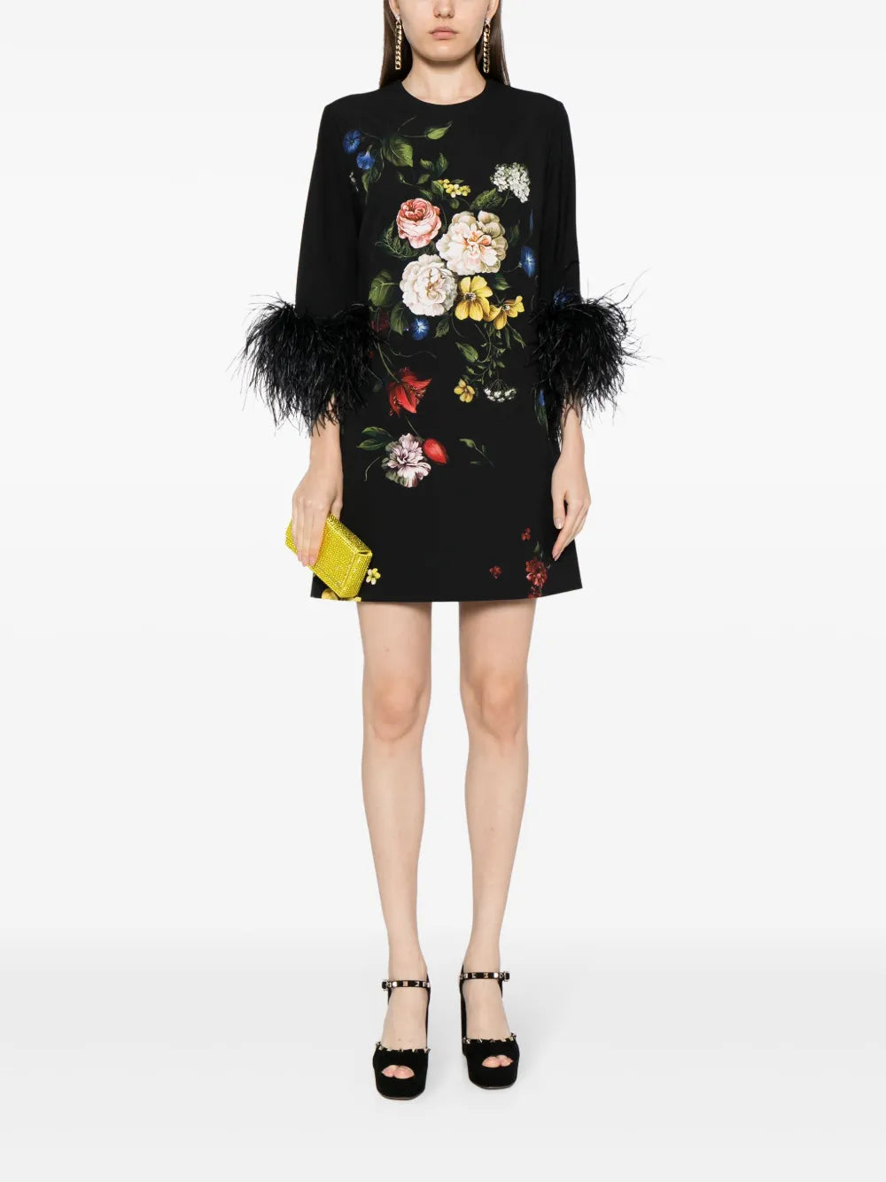 Feather-Trim Floral Minidress