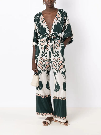 Graphic-Print Silk Flared Trousers