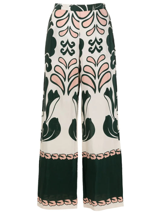 Graphic-Print Silk Flared Trousers