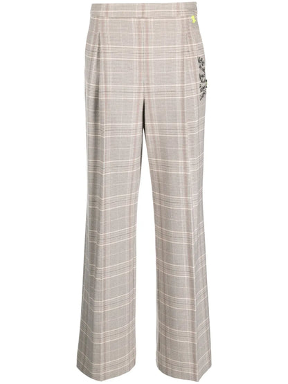 Plaid-Check Slogan-Embroidered Tailored Trousers