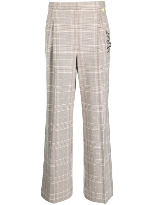 Plaid-Check Slogan-Embroidered Tailored Trousers
