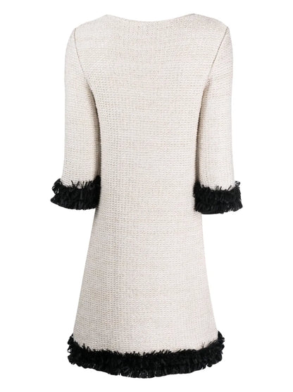 Contrasting-Trim Bouclé Flared Dress