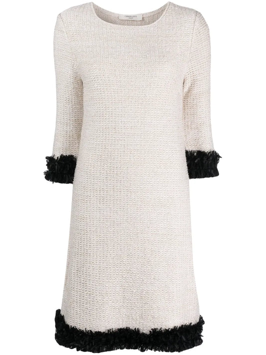 Contrasting-Trim Bouclé Flared Dress