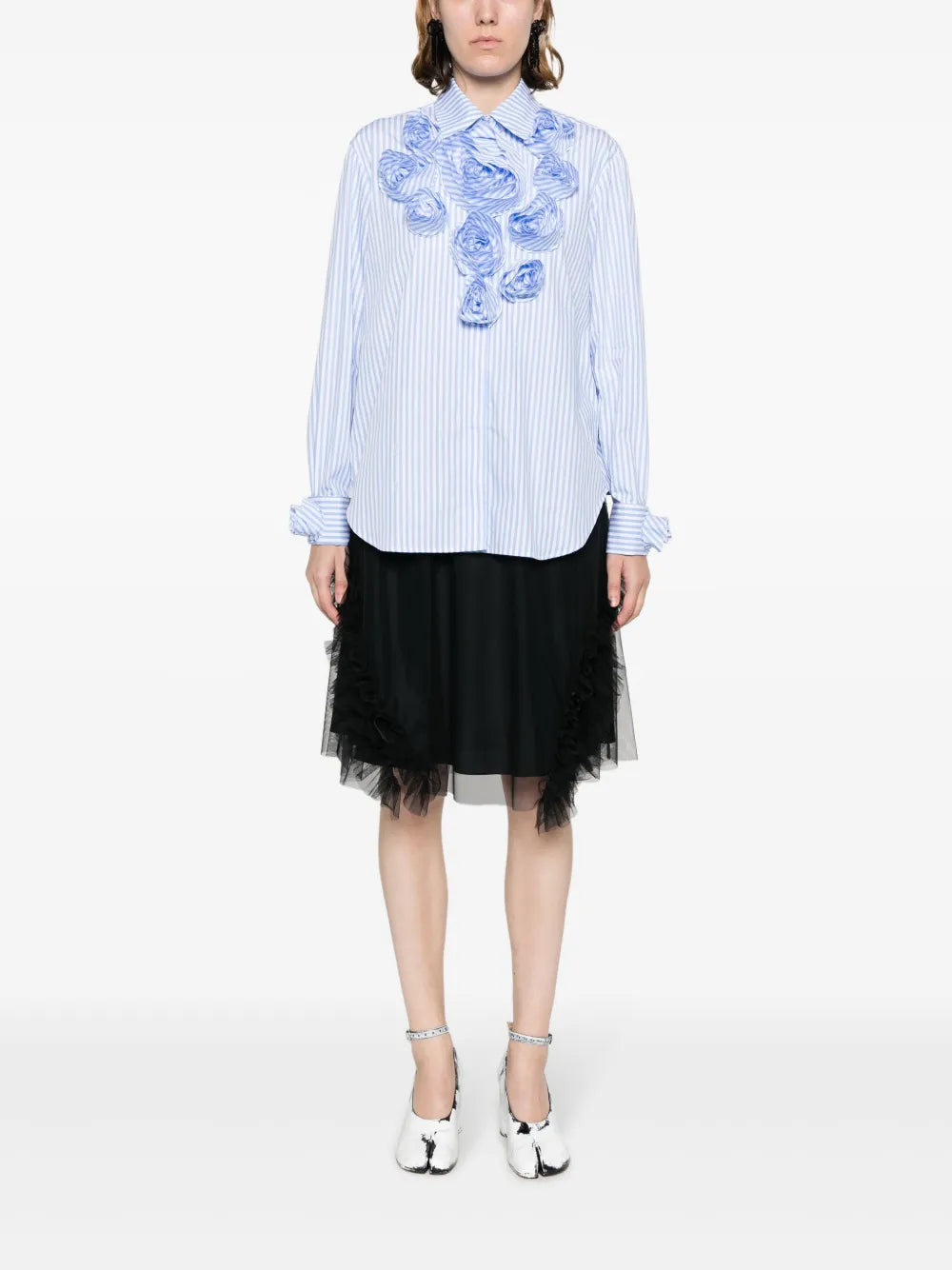 Stripe-Print Floral-Appliqué Shirt