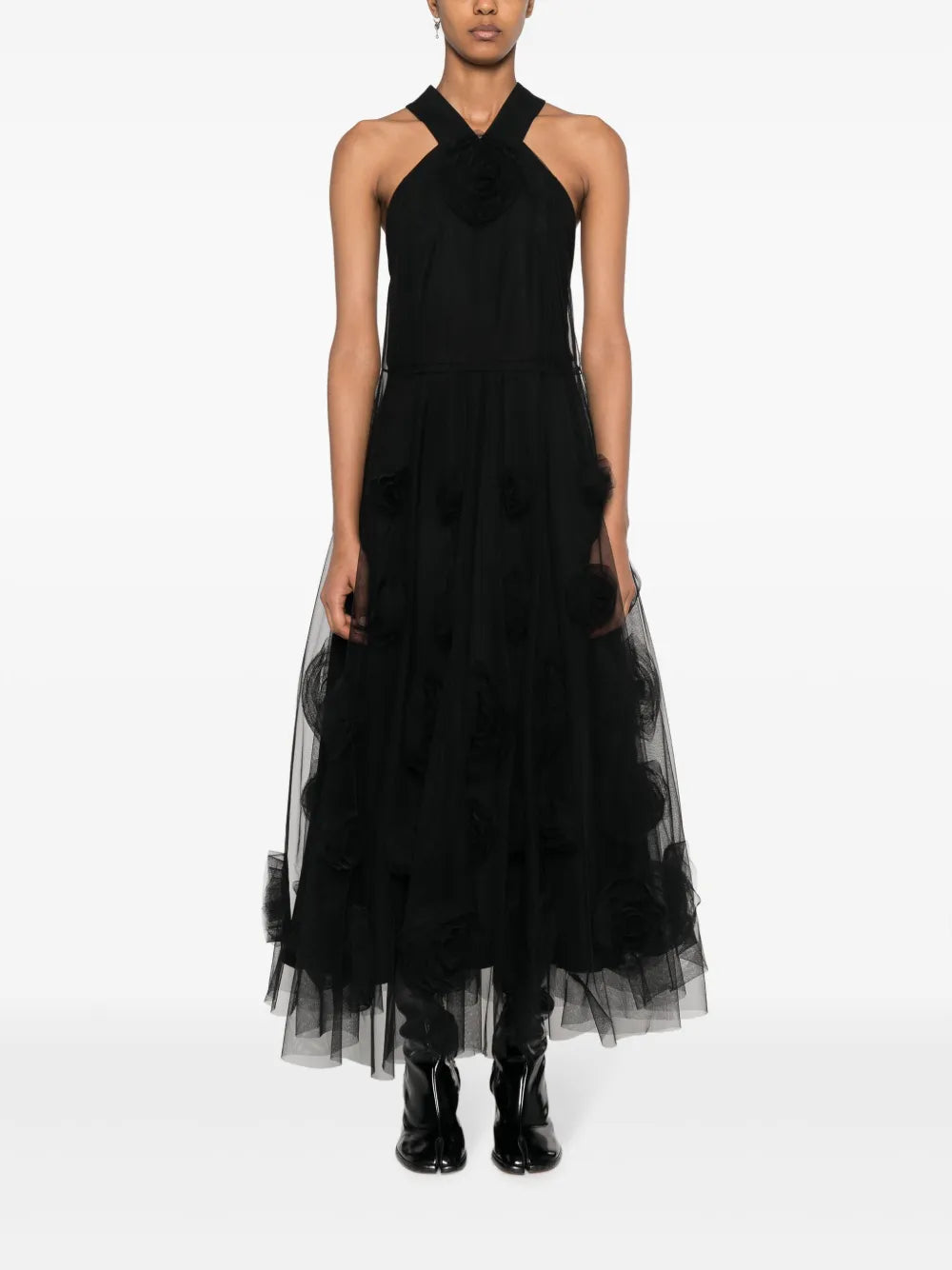 Floral-Motif Tulle Maxi Dress