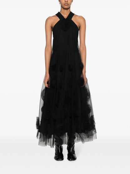 Floral-Motif Tulle Maxi Dress