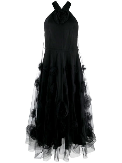 Floral-Motif Tulle Maxi Dress