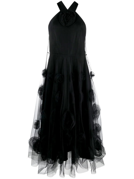 Floral-Motif Tulle Maxi Dress