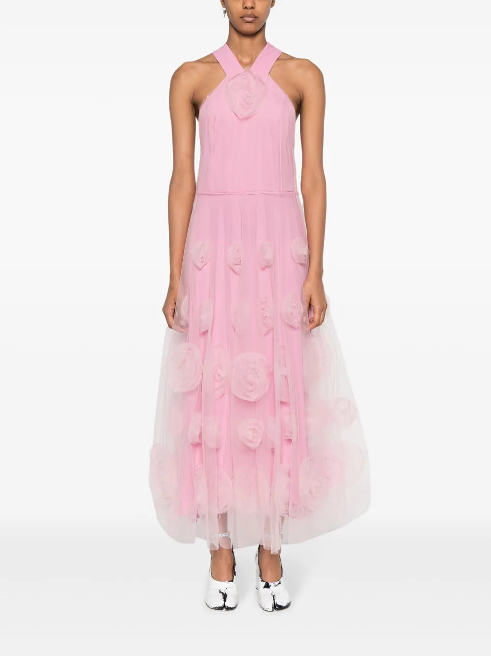 Floral-Motif Tulle Maxi Dress