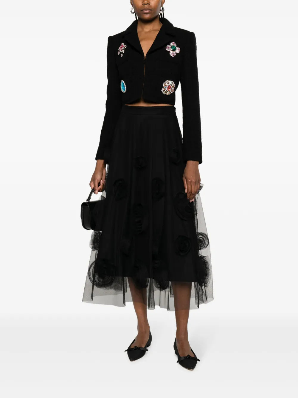 Floral-Appliqué Tulle Midi Skirt
