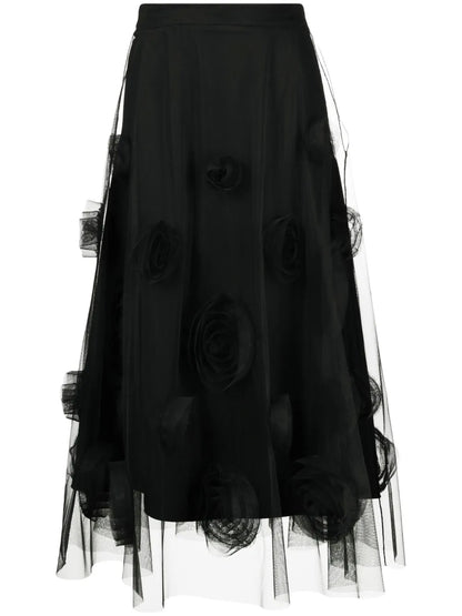 Floral-Appliqué Tulle Midi Skirt