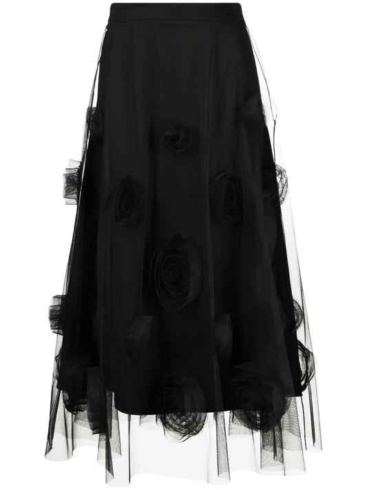Floral-Appliqué Tulle Midi Skirt