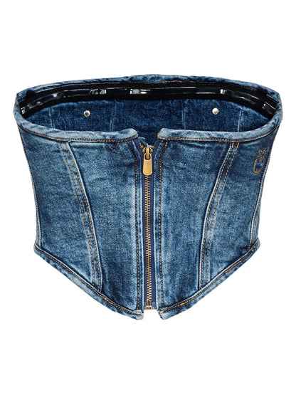Corset-Style Washed Denim Strapless Top