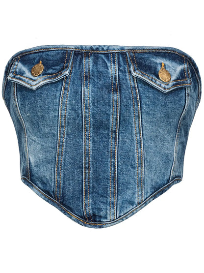 Corset-Style Washed Denim Strapless Top