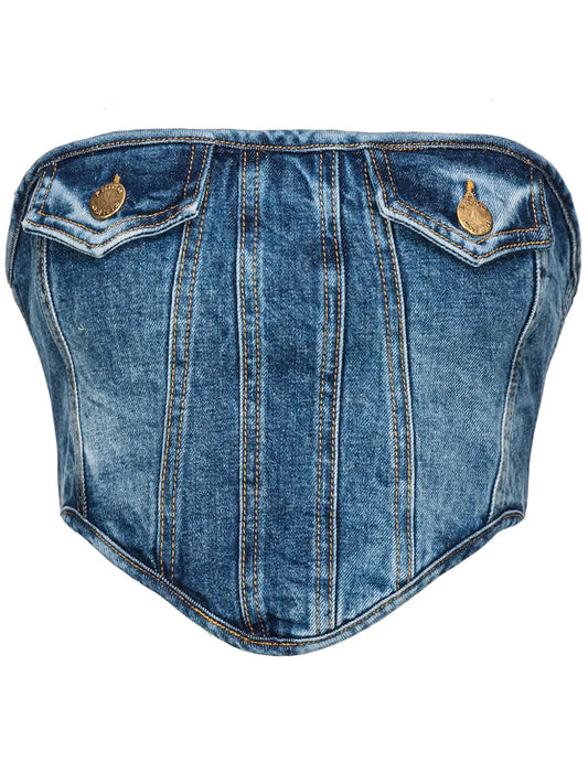 Corset-Style Washed Denim Strapless Top