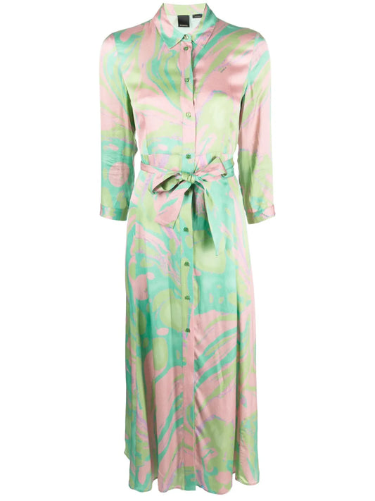Abstract-Pattern Print Belted-Waist Dress