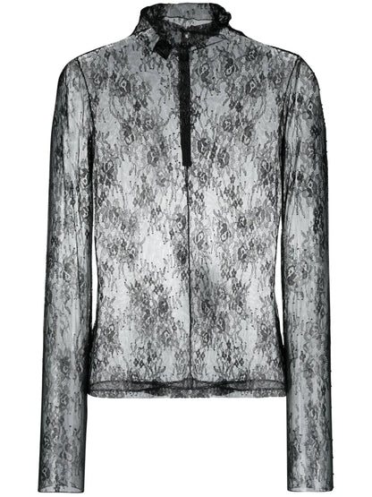 Lace-Detailing Semi-Sheer Top