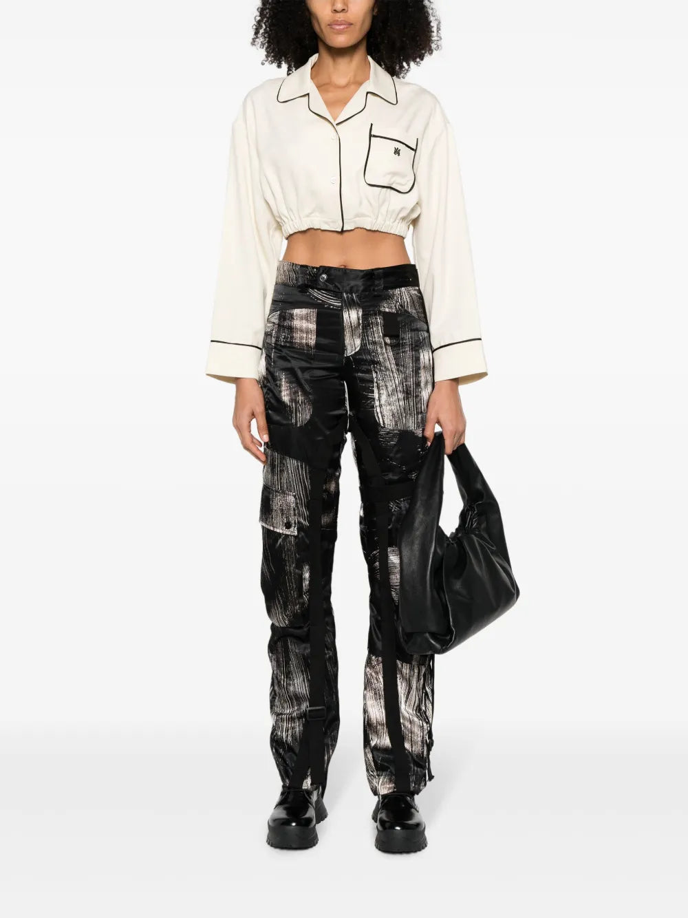 Logo-Embroidered Satin-Finish Cropped Shirt