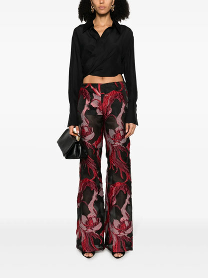 Floral-Appliqué Straight-Leg Trousers