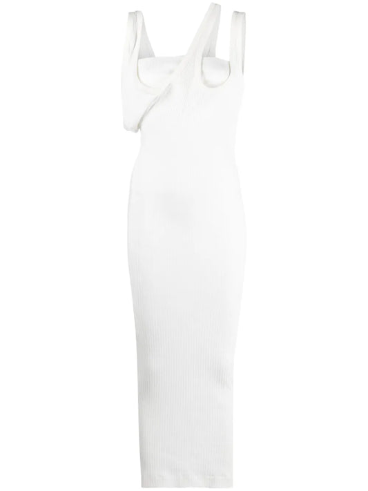 Asymmetric-Neckline Ribbed Dress