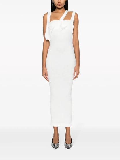Asymmetric-Neckline Ribbed Dress