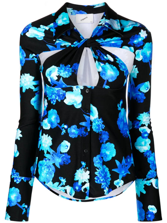 Twisted Cut-Out Floral-Motif Shirt
