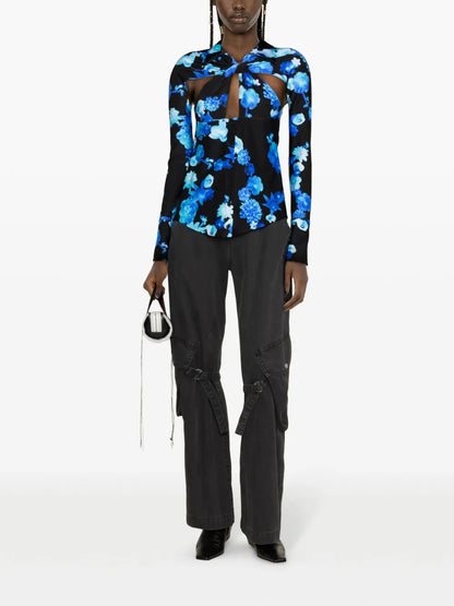 Twisted Cut-Out Floral-Motif Shirt