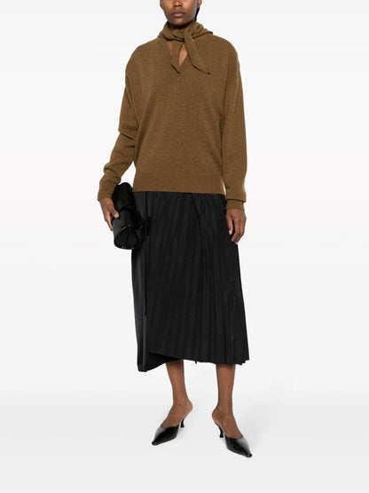 Attached-Scarf Ribbed-Knit Jumper