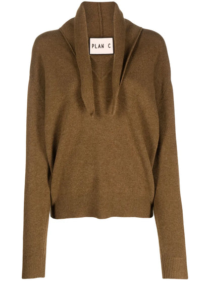 Attached-Scarf Ribbed-Knit Jumper