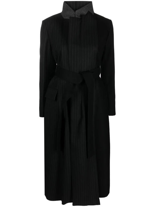 Belted Pinstripe-Pattern Wool Coat