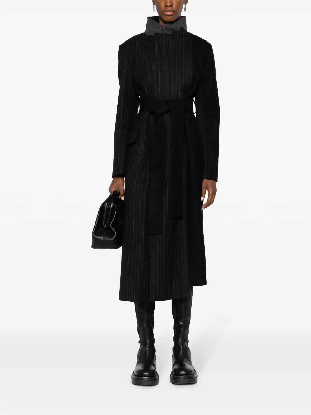 Belted Pinstripe-Pattern Wool Coat