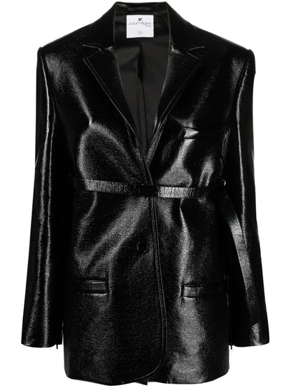 Strap-Detail Patent-Finish Jacket