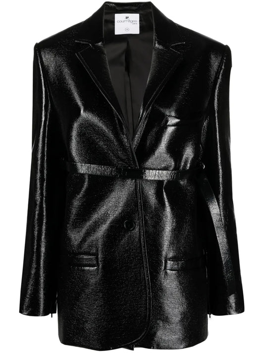 Strap-Detail Patent-Finish Jacket