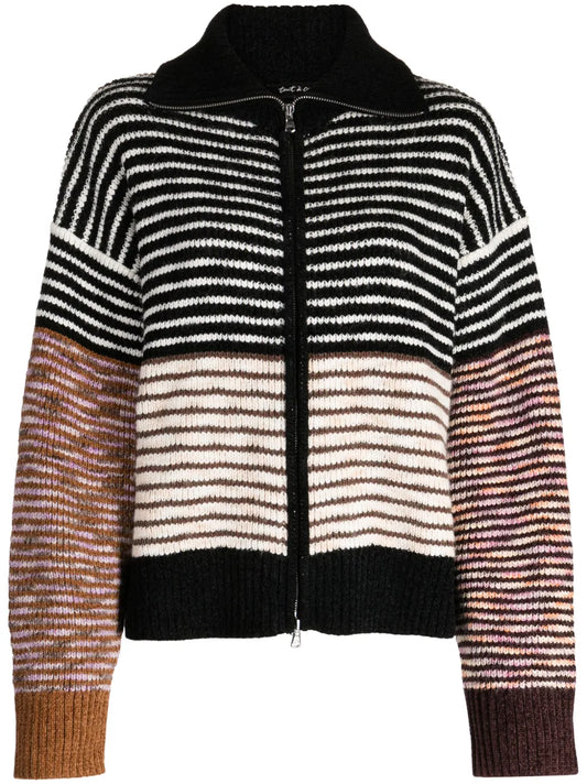 Stripe-Pattern Intarsia-Knit Cardigan