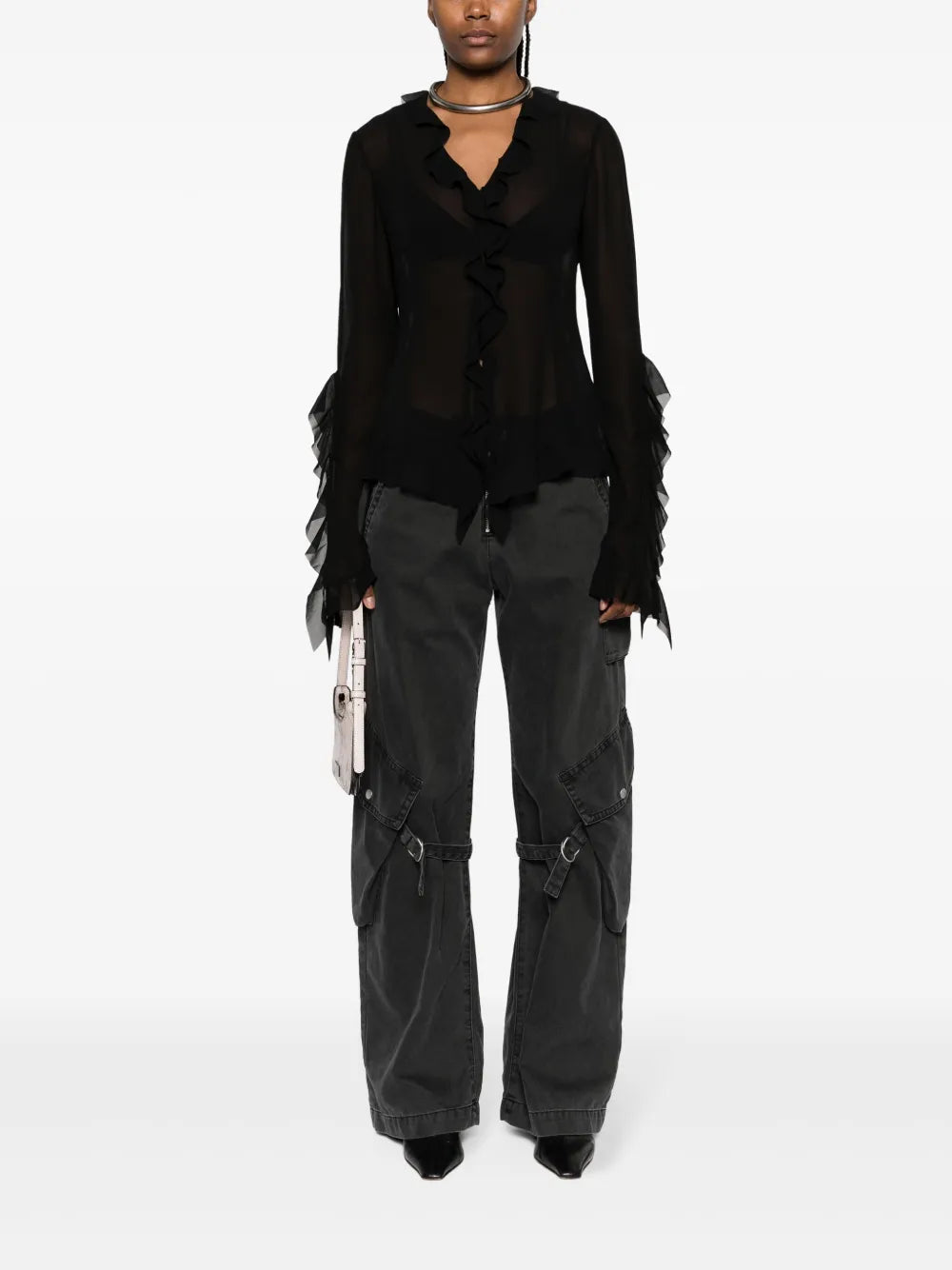 Ruffle-Detail Long-Sleeved Blouse