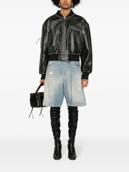 Distressed-Effect Bomber Jacket