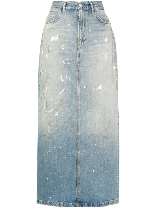 Paint-Splatter Denim Maxi Skirt