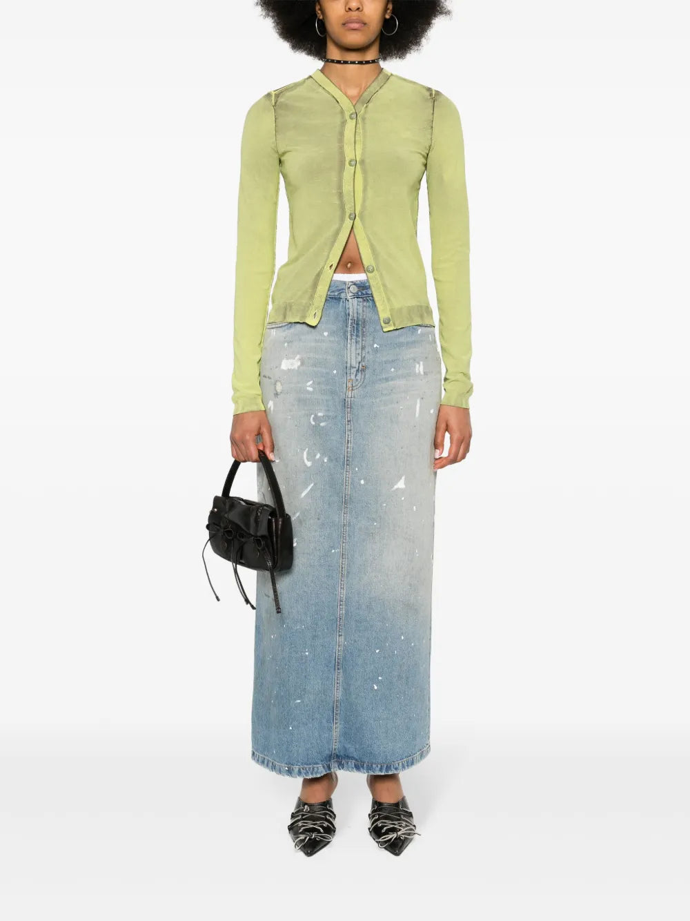 Paint-Splatter Denim Maxi Skirt