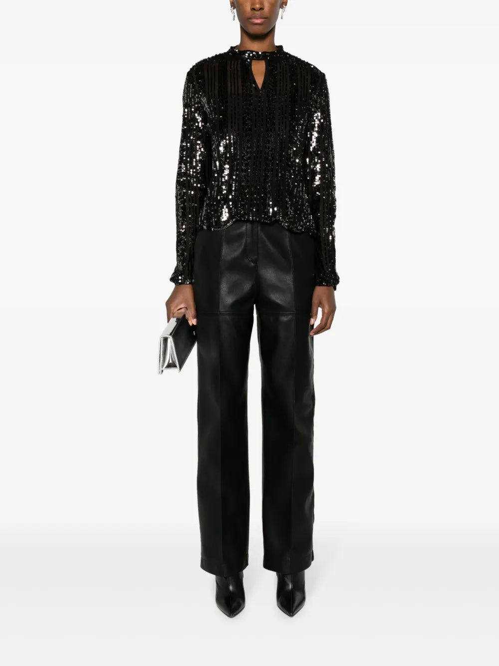 Sequin-Embellished Keyhole-Neck Blouse