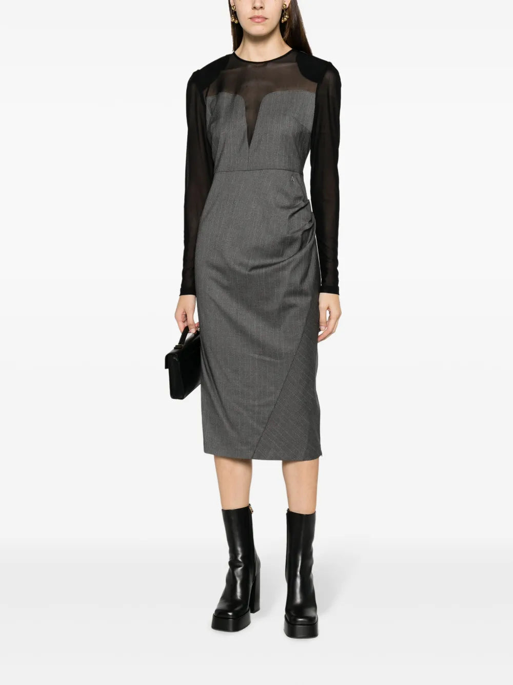 Pinstripe-Pattern Ruched Midi Dress
