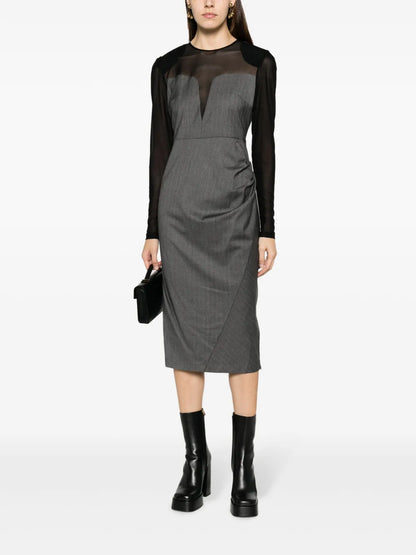 Pinstripe-Pattern Ruched Midi Dress